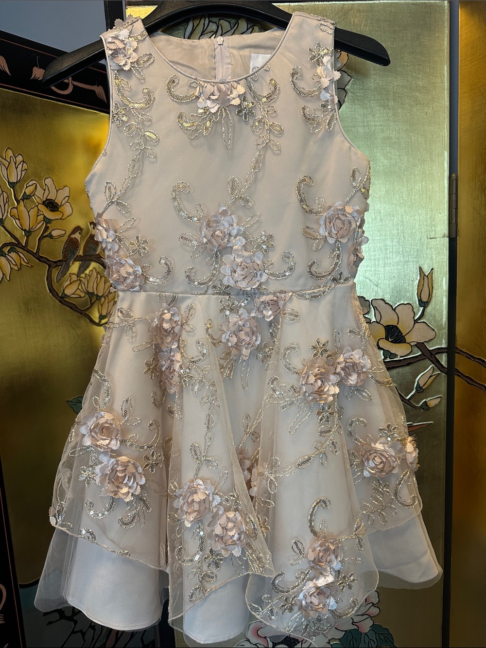 Rare Editions Cream and Gold Floral Appliqué Party Dress